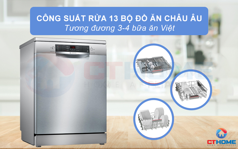 Máy có công suất rửa lên tới 13 bộ đồ ăn Châu  u - tương đương 3 - 4 bữa ăn của gia đình Việt