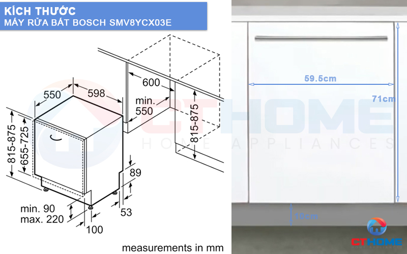 Kích thước của máy rửa bát âm tủ Bosch SMV8YCX03E và tấm ốp gỗ