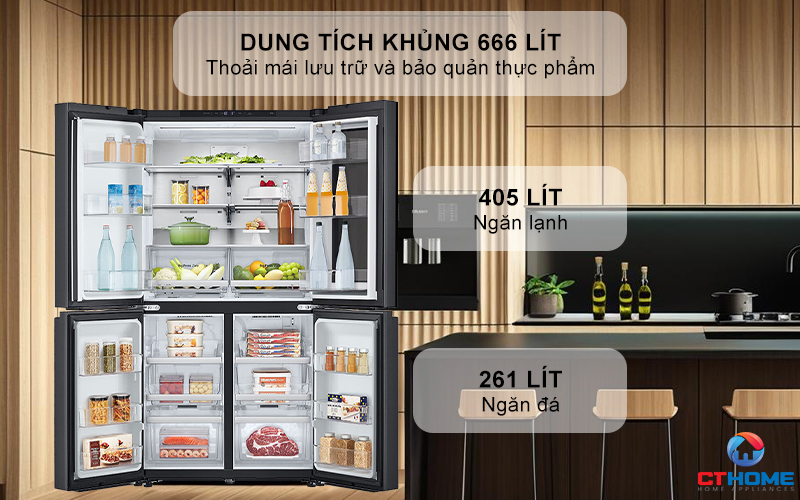 Với dung tích lớn 666 lít đáp ứng nhu cầu lưu trữ của gia đình đông thành viên