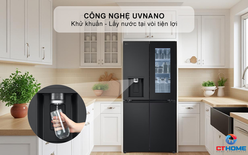 Công nghệ khử khuẩn vòi lấy nước ngoài UVnano™ giúp việc lấy nước làm đá nhanh chóng, tiện lợi với hệ thống tự động