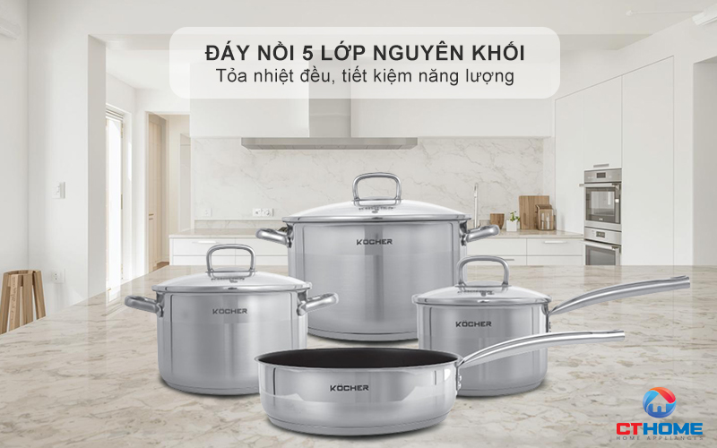 Đáy nồi 5 lớp kim loại liên kết, chịu lực nén