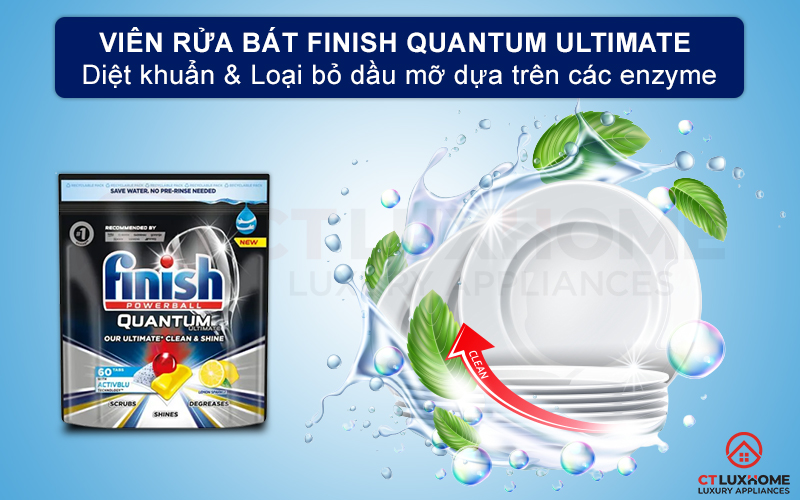 Viên rửa chén bát Finish Quantum Ultimate 60 viên hương chanh đánh bay mọi vết bẩn dầu mỡ và bảo vệ đồ dùng bằng bạc
