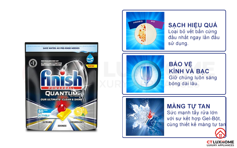 Ưu điểm vượt trội của viên rửa chén Finish Quantum Ultimate 60 viên hương chanh