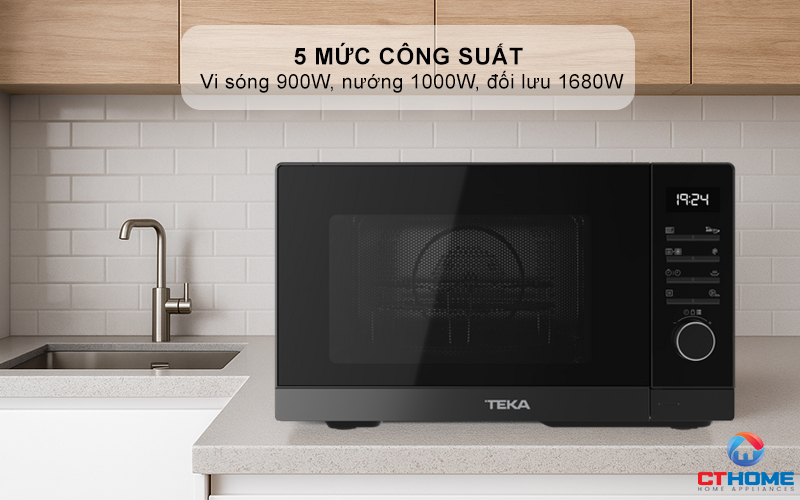 5 mức công suất: lò vi sóng 900W, lò nướng 1000 W, đối lưu 1680 W