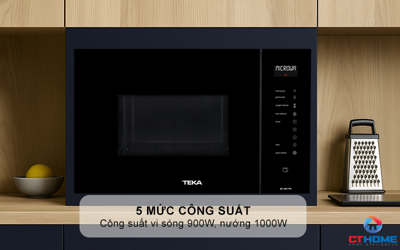 5 mức công suất: công suất vi sóng 900W, công suất nướng 1.000W