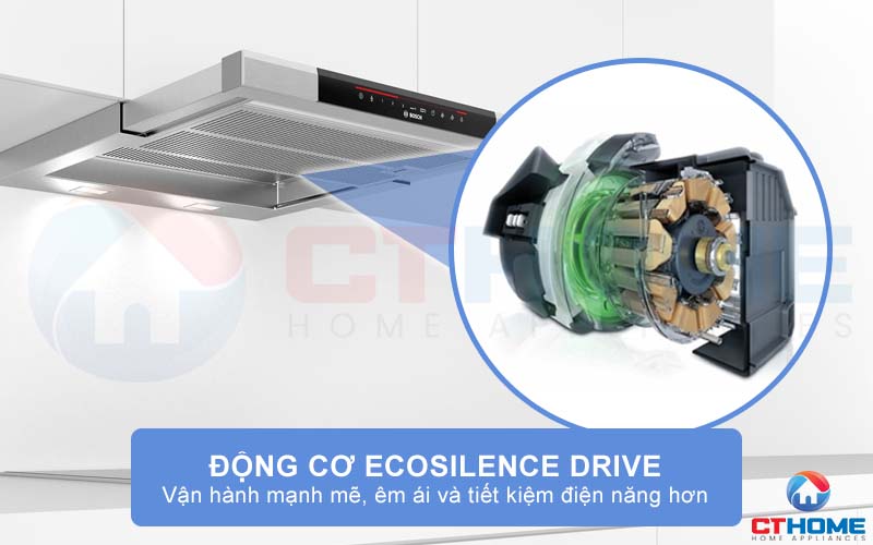 Để máy hút mùi âm tủ Bosch DFS067K51 vận hành êm ái phải nhờ đến động cơ EcoSilence Drive