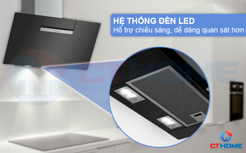 Hệ thống đèn LED trong máy hút mùi gắn tường Bosch DWK87EM60B giúp hỗ trợ chiếu sáng