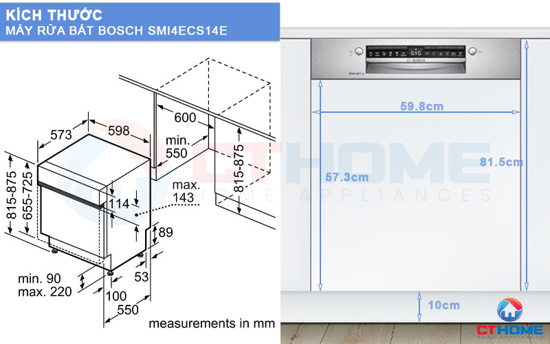 Kích thước máy rửa bát Bosch SMI4ECS14E và tấm ốp gỗ.