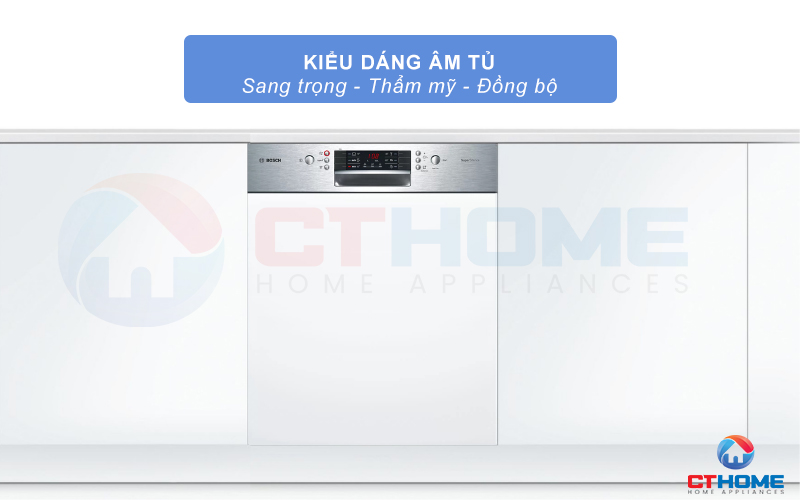 Kiểu dáng bán âm của máy rửa bát Bosch SMI46KS01E mang đến sự sang trọng, thẩm mỹ cho gian bếp 