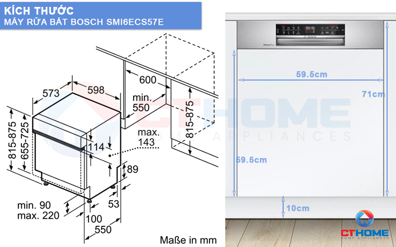 Kích thước máy rửa bát Bosch SMI6ECS57E và tấm ốp gỗ
