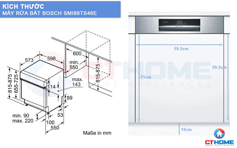 Kích thước máy rửa bát Bosch SMI88TS46E serie 8 phù hợp với nhiều dàn tủ bếp