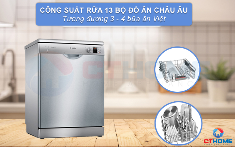 Công suất rửa tối đa của máy rửa bát Bosch SMS25DI05E là 13 bộ đồ ăn.
