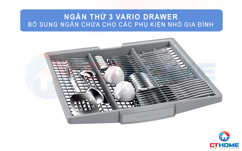 Ngăn chứa Vario 3 tăng diện tích chứa đồ cho máy rửa bát Bosch SMS25KI00E serie 2