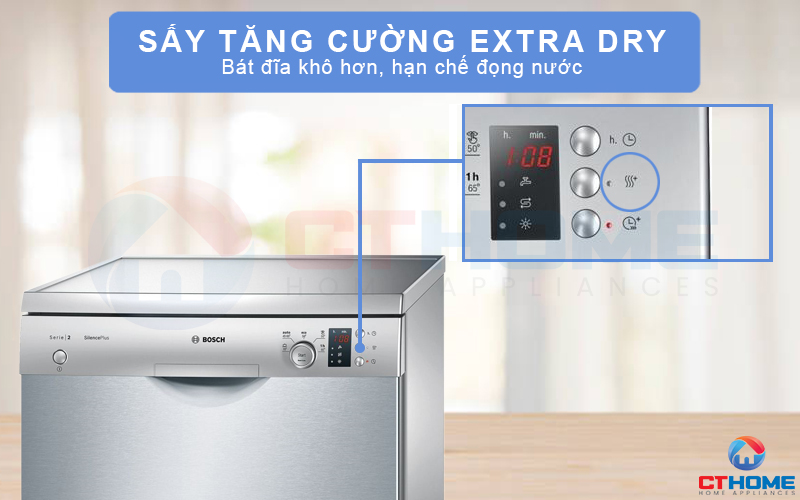 Sấy tăng cường Extra Dry mang lại hiệu quả sấy vượt trội giúp bát đĩa khô hoàn toàn