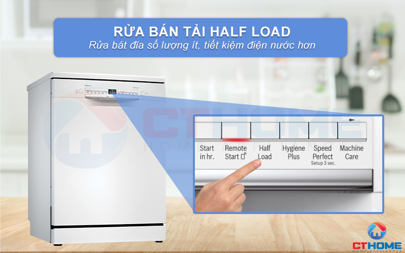 Sử dụng tính năng rửa nửa tải Half Load khi số lượng bát đĩa ít.