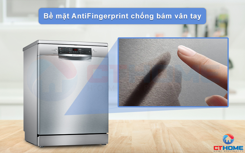 Bề mặt máy rửa bát Bosch SMS46GI01P được phủ một lớp AntiFingerprint chống bám vân tay.