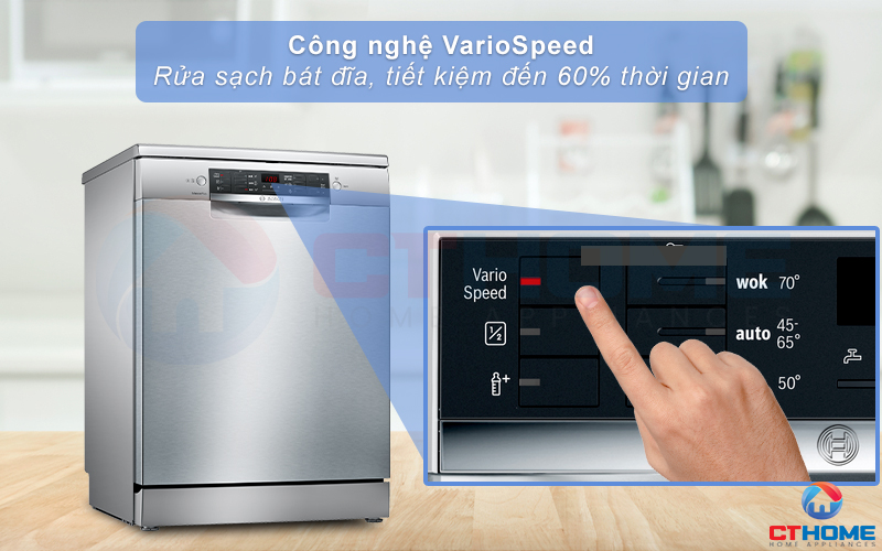 Kích hoạt tính năng VarioSpeed giúp tiết kiệm đến 60% thời gian rửa.