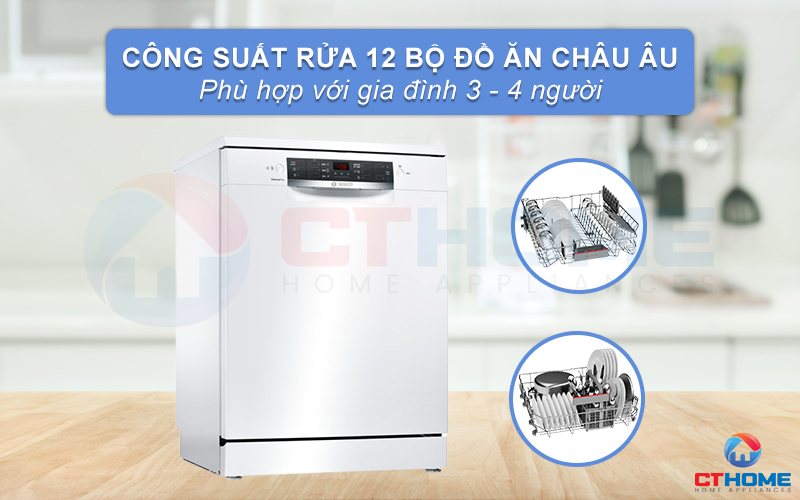 Công suất máy rửa bát Bosch SMS46GW01P Serie 4 tối đa là 12 bộ đồ ăn