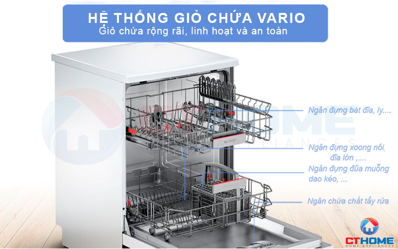 Hệ thống giàn chứa Vario chắc chắn và linh hoạt giúp ổn định bát đĩa trong quá trình rửa