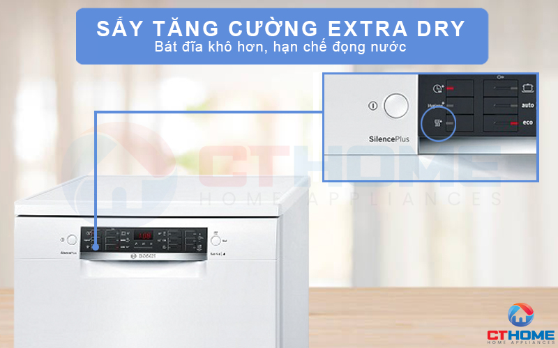 Sấy tăng cường Extra Dry giúp bát đĩa khô ráo hoàn toàn và bóng loáng