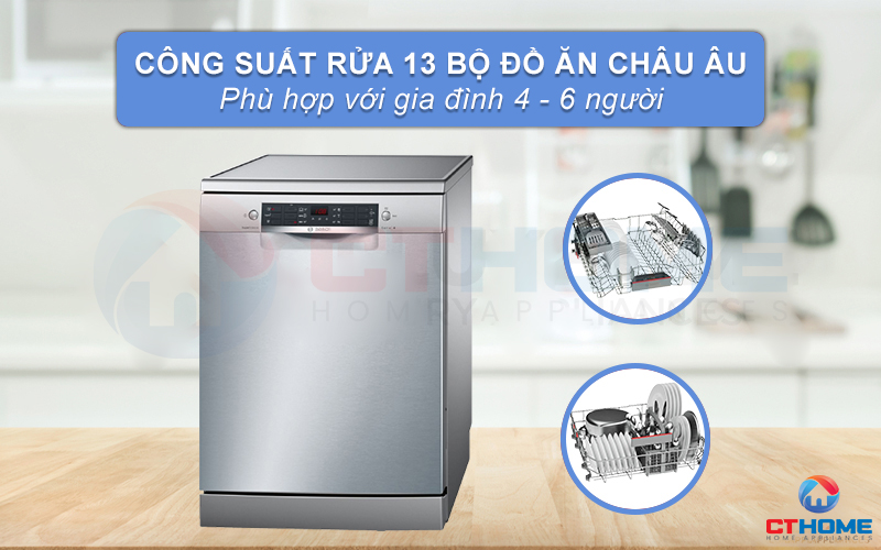 Máy rửa chén Bosch SMS46II04E Serie 4 có thể rửa tối đa 13 bộ đồ ăn châu Âu