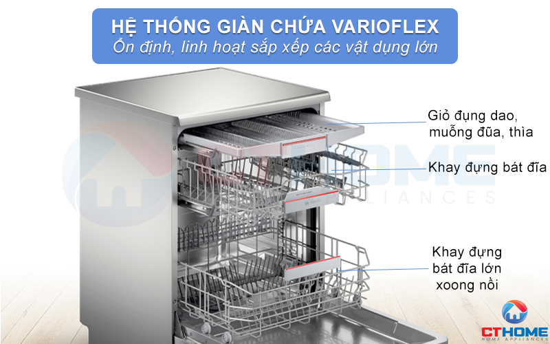 Hệ thống giàn rửa VarioFlex rộng rãi, dễ dàng sắp xếp các vật dụng vào khoang chứa