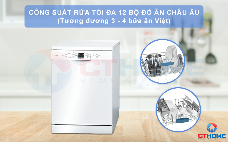 Công suất rửa của máy rửa bát Bosch SMS63L02EA lên tới 12 bộ đồ ăn