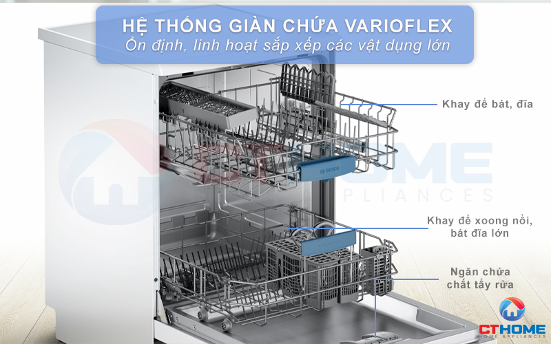 Hệ thống VarioFlex rộng rãi giúp bạn dễ dàng xếp các vật dụng vào máy rửa bát