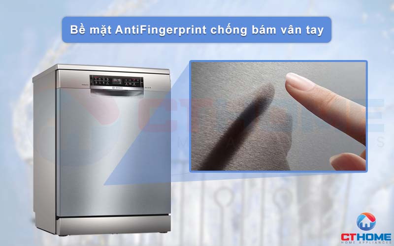 Máy rửa chén Bosch SMS6ZCI42E serie 6 được phủ một lớp bề mặt AntiFingerprint chống bám vân tay.