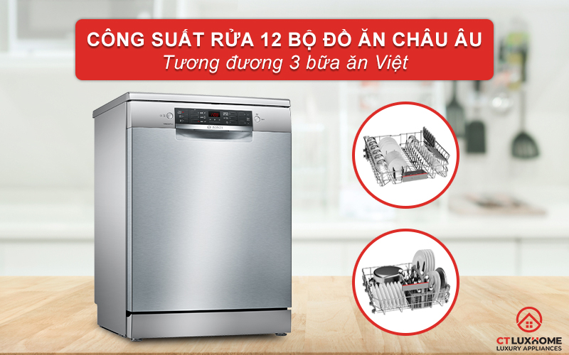 Máy rửa chén Bosch serie 4 SMS46GI01P có thể đạt công suất rửa tối đa 12 bộ đồ ăn châu Âu.