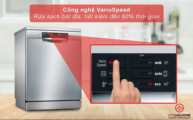Kích hoạt tính năng VarioSpeed giúp tiết kiệm đến 60% thời gian rửa.