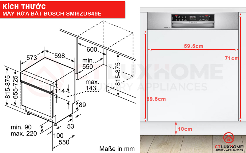 Kích thước máy rửa bát và tấm ốp gỗ
