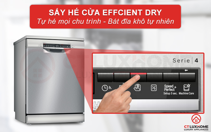 Lựa chọn tính năng sấy hé cửa Efficient Dry giúp bát đĩa khô tự nhiên, tiết kiệm điện năng.