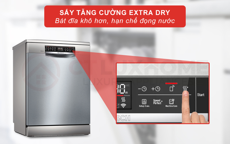 Bát đĩa khô hơn khi chọn thêm chức năng sấy tăng cường Extra Dry.