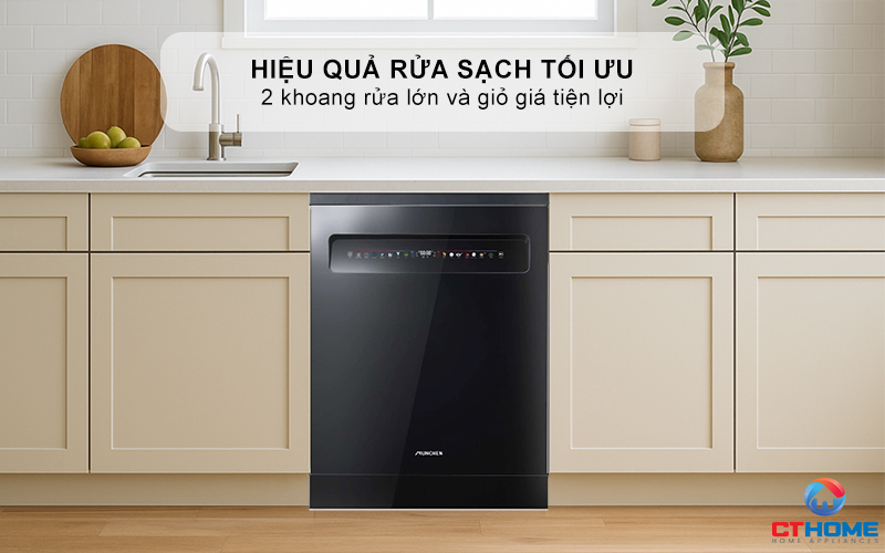 Hiệu quả rửa sạch với 2 khoang rửa lớn và giỏ giá tiện lợi