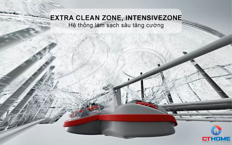 Tăng áp lực nước giàn giữa giúp làm sạch bát đĩa hơn với Extra Clean Zone kết hợp giàn dưới cùng với Intensive Plus