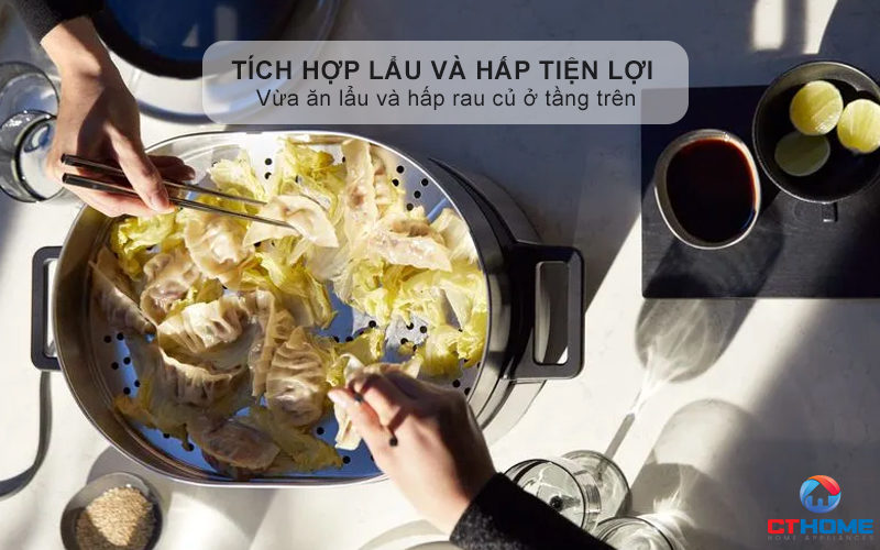 Tích hợp lẩu và hấp tiện lợi - Vừa ăn lẩu và hấp rau củ ở tầng trên