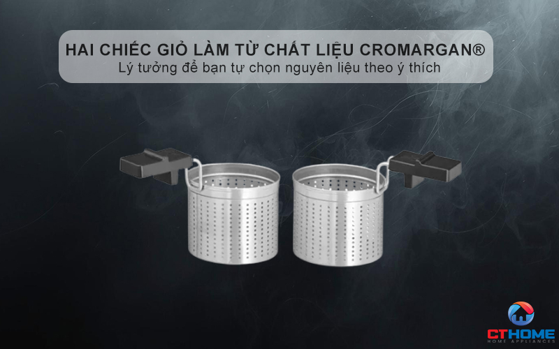 Hai chiếc giỏ làm từ chất liệu Cromargan® cao cấp với tay cầm chịu nhiệt rất lý tưởng để bạn tự chọn nguyên liệu theo ý thích