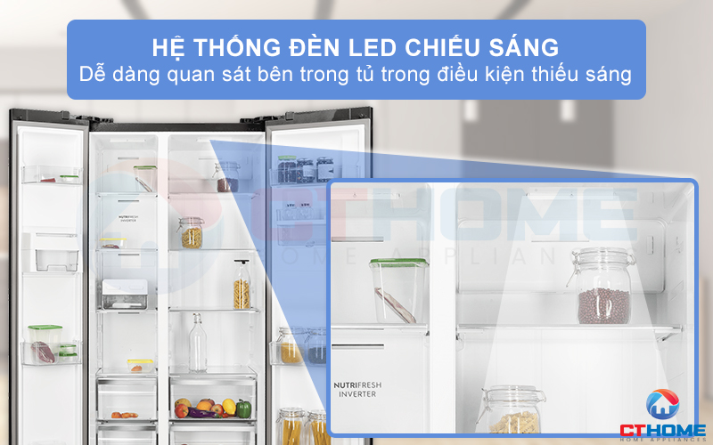 Khoang tủ được trang bị thêm đèn LED chiếu sáng đồng đều hiệu quả mà không bị chói mắt