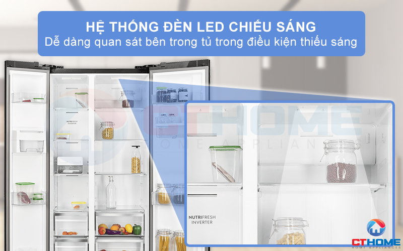 Khoang tủ được trang bị thiên đèn LED chiếu sáng đồng đều ở cả 2 khoang đông và khoang lạnh