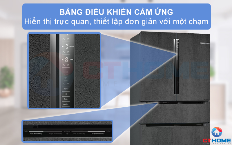 Tủ lạnh Bosch KFN96PX91I Serie 8 được trang bị 2 bảng điều khiển cảm ứng một chạm với thiết kế tối giản