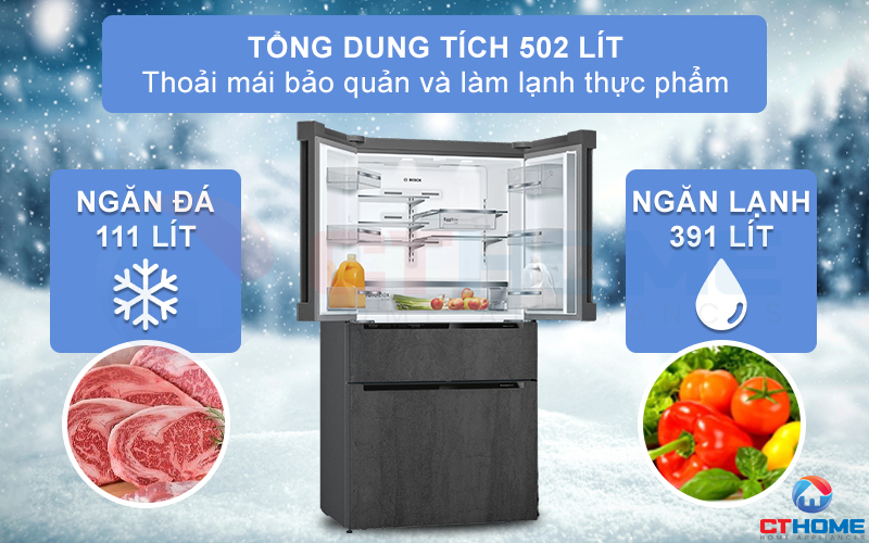 Tủ lạnh Bosch KFN96PX91I có dung tích chứa đến 502 lít