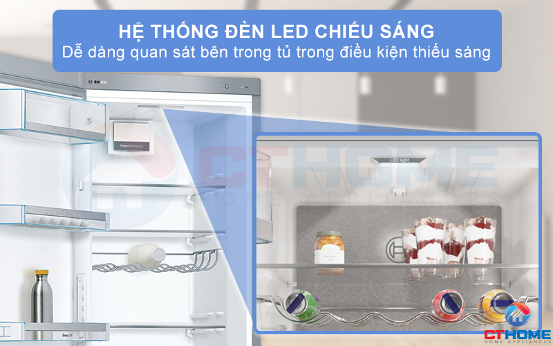 Hệ thống đèn LED chiếu sáng, giúp dễ dàng quan sát bên trong tủ lạnh