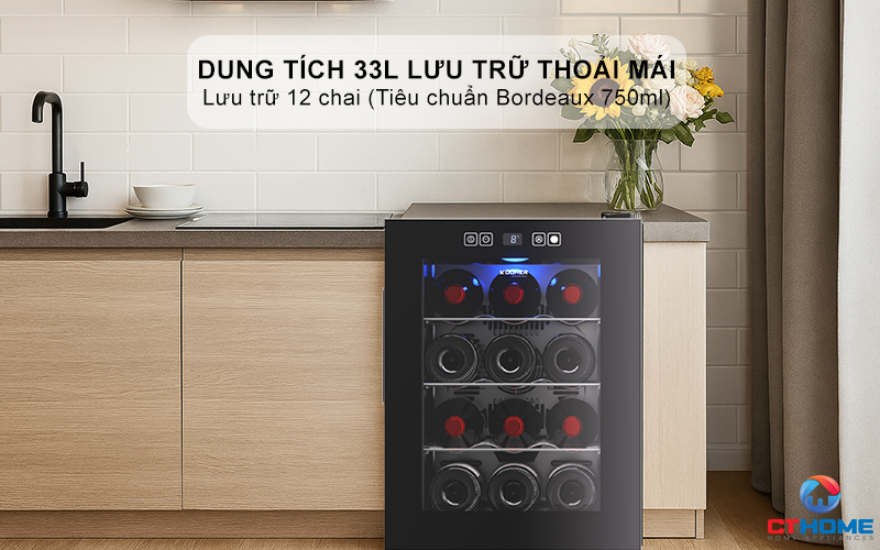 Dung tích 33L lưu trữ thoải mái, lưu trữ 12 chai (Tiêu chuẩn Bordeaux 750ml)