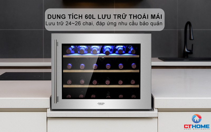 Dung tích 60L lưu trữ thoải mái, lưu trữ 24~26 chai