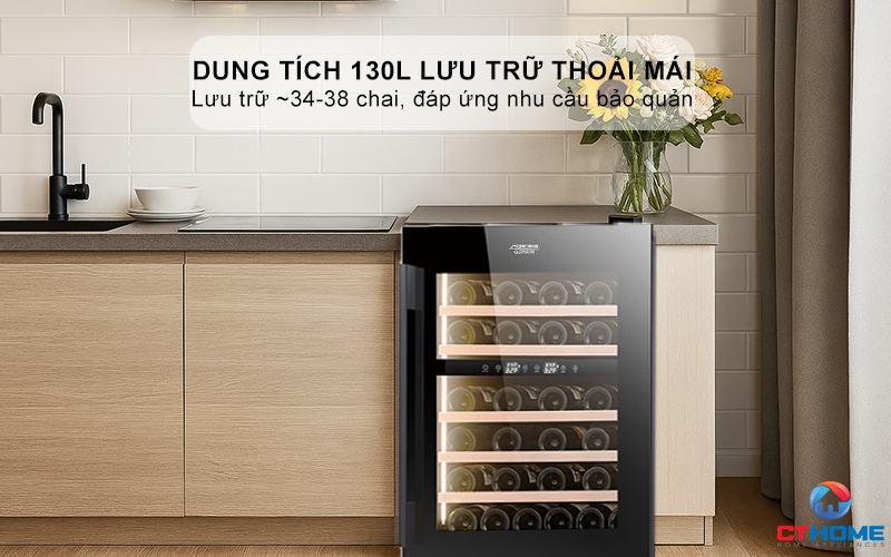 Dung tích 130L lưu trữ thoải mái, lưu trữ ~34-38 chai