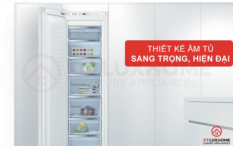 Tủ đông Bosch GIN81ACF0 với thiết kế âm tủ giúp mang lại vẻ ngoài hiện đại, sang trọng cho không gian bếp của bạn