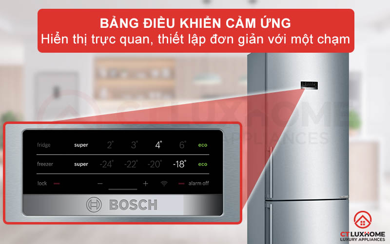 Bảng điều khiển của tủ lạnh Bosch KGN56XI40J cảm ứng một chạm để thuận tiện tùy chỉnh nhiệt độ của tủ lạnh và tủ đông riêng biệt