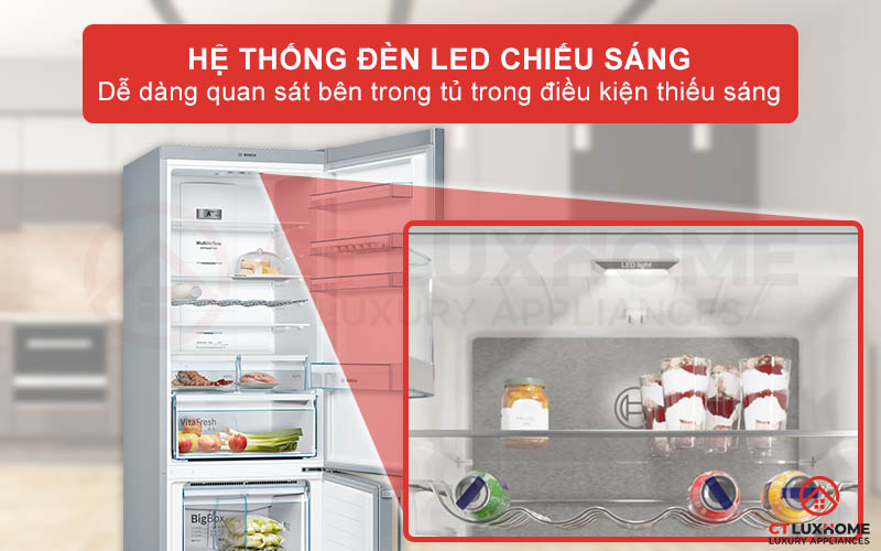 Khoang tủ lạnh KGN56XI40J được trang bị thêm đèn LED chiếu sáng đồng đều