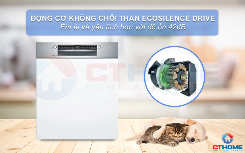 Động cơ EcoSilence Drive giúp máy rửa chén Bosch SMI4HCS48E hoạt động yên tĩnh hơn.